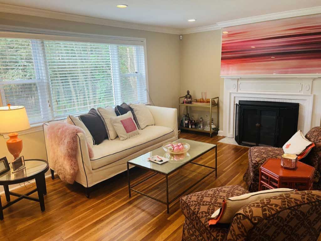 Pink tones living room designed arranged by Colleen Van Houten