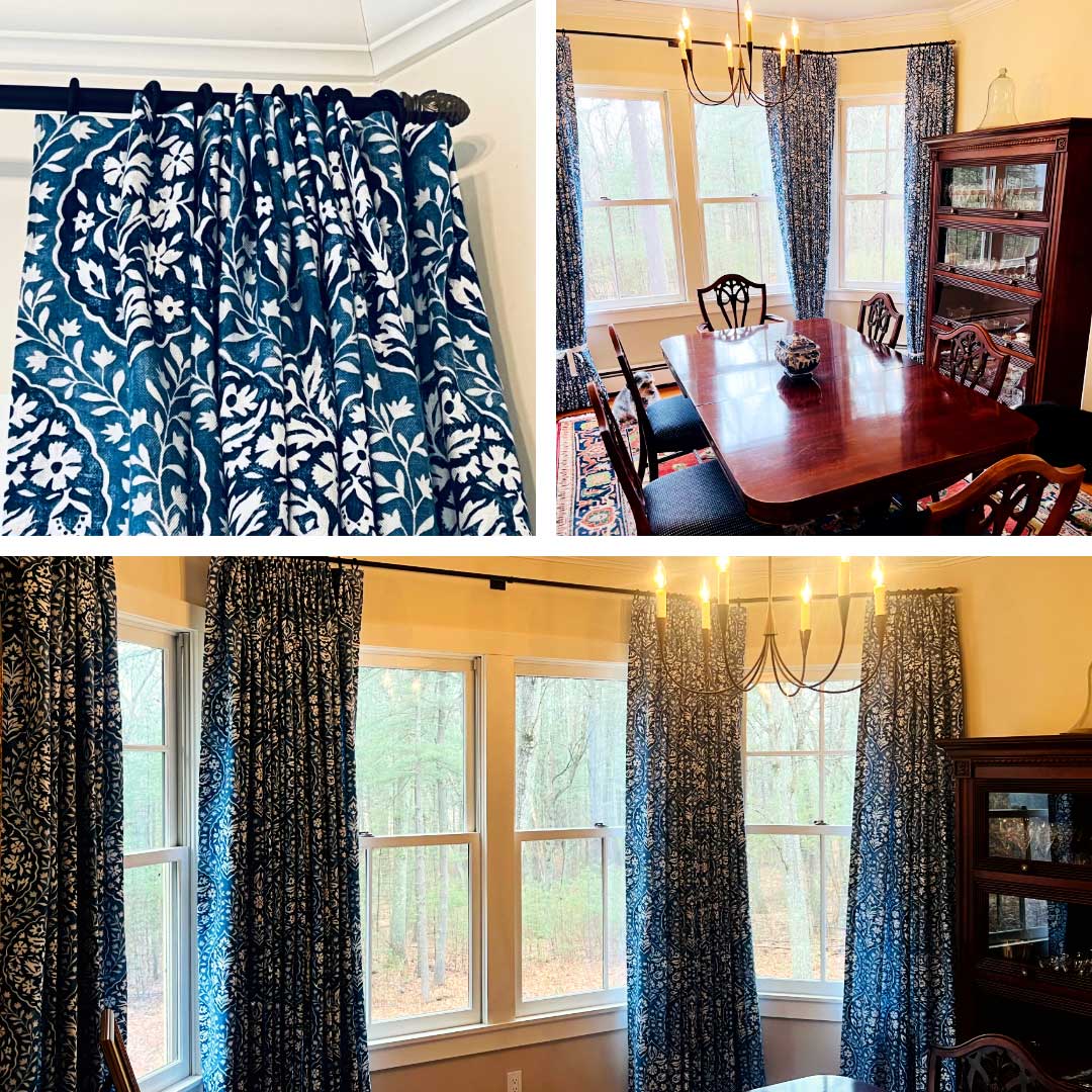 Vibrant blue and white drapes hung, aranged by Colleen Van Houten for client's dining room