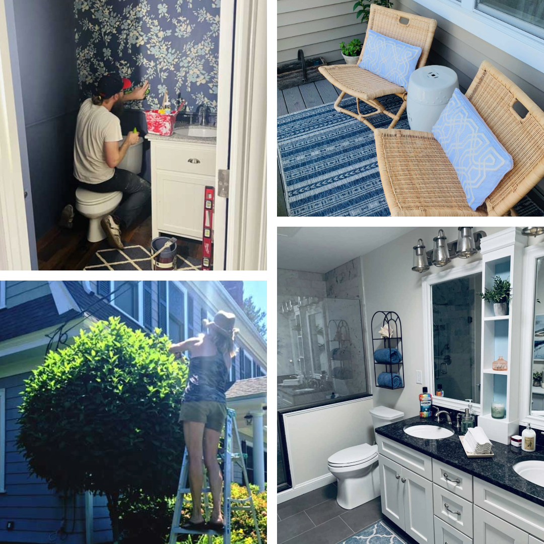 Collage wallpapering, landscaping, porch furniture, remodeled bathroom by Colleen Van Houten